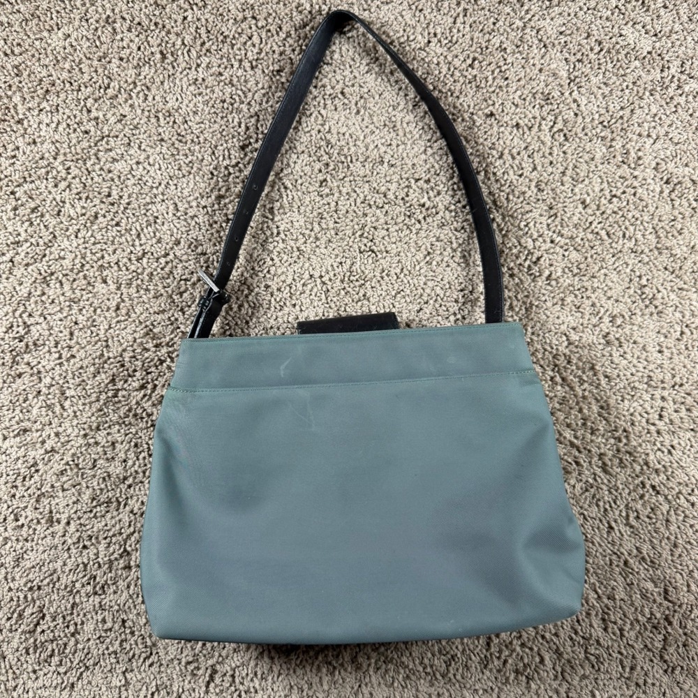 Coach Mercer Vintage Sage Green Twill and Black Leather Shoulder Bag purse flaw